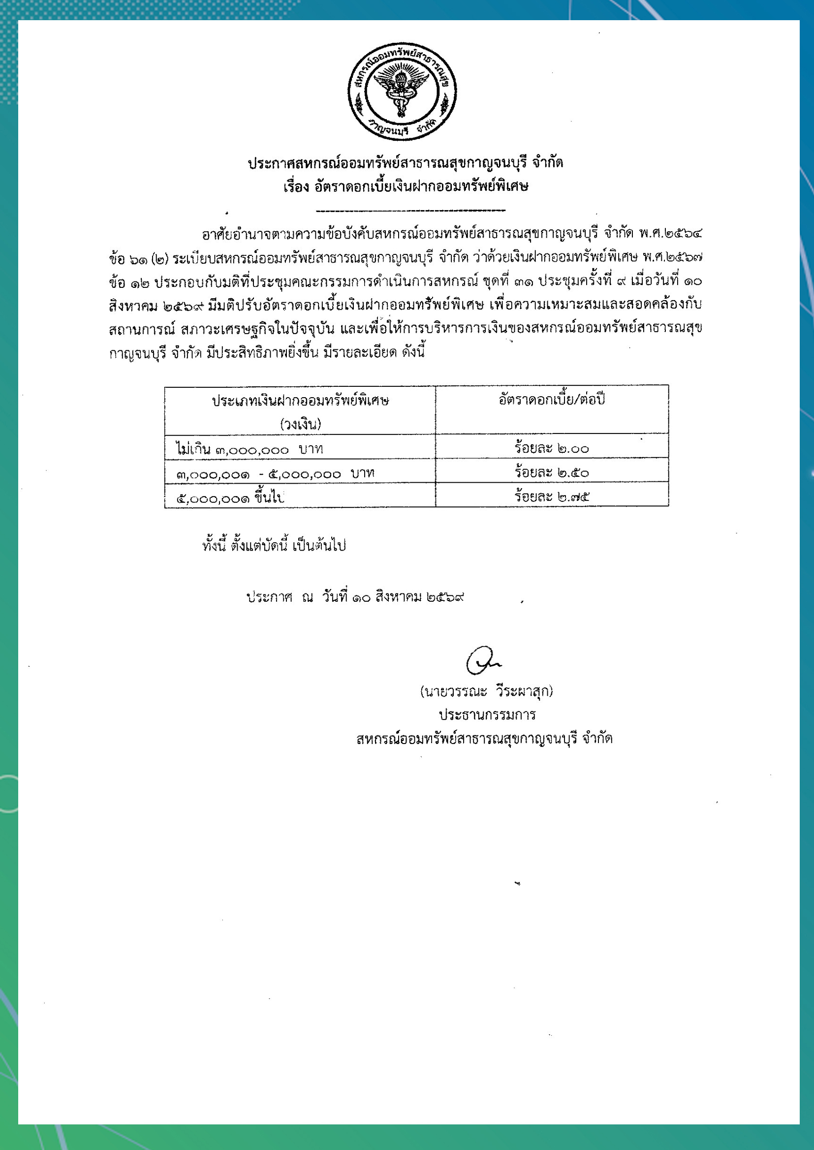 ประกาศเรื่องอัตราดอกเบี้ย เงินฝากออมทรัพย์พิเศษ